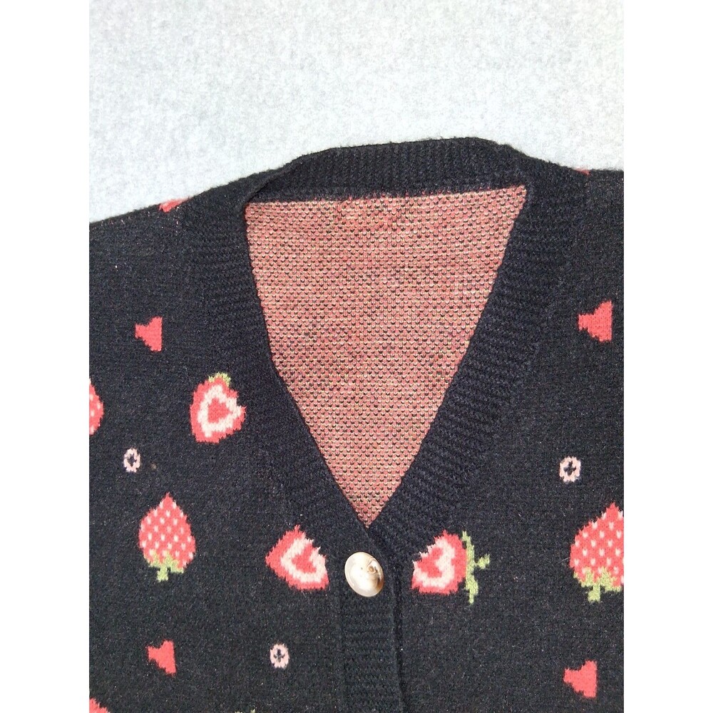 Cider Ballon Sleeve Button Up Cardigan Womens 1XL Black Strawberry Fruit Preppy - Picture 3 of 13